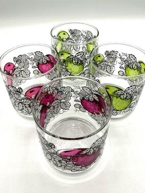 4 Purple & Green Pears on Glass Tumblers. Vintage MCM